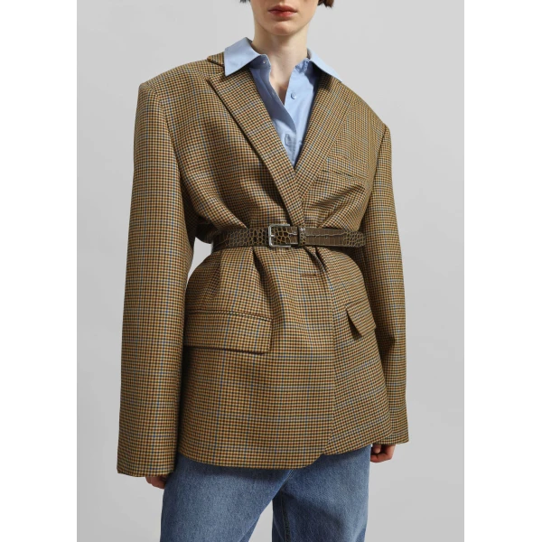 The Frankie Shop Lyra Oversized Houndstooth Blazer - Camel - Oversized Minimalist Jackets in Brown - Shop at Luxury Shoes 