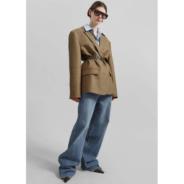 The Frankie Shop Lyra Oversized Houndstooth Blazer - Camel - Oversized Minimalist Jackets in Brown - Shop at Luxury Shoes 