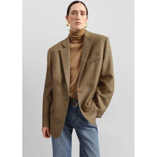 The Frankie Shop Lyra Oversized Houndstooth Blazer - Camel - Oversized Minimalist Jackets in Brown - Shop at Luxury Shoes 