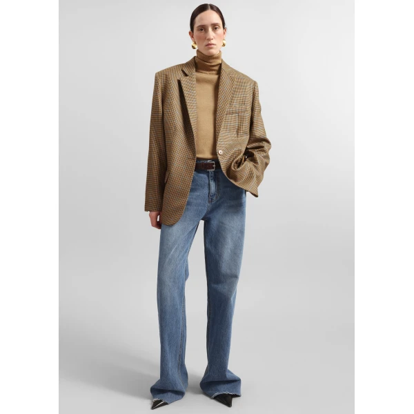 The Frankie Shop Lyra Oversized Houndstooth Blazer - Camel - Oversized Minimalist Jackets in Brown - Shop at Luxury Shoes 