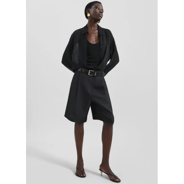 The Frankie Shop Marfa Pleated Silk Bermuda Shorts - Black - Oversized Minimalist Shorts in Black - Shop at Luxury Shoes 
