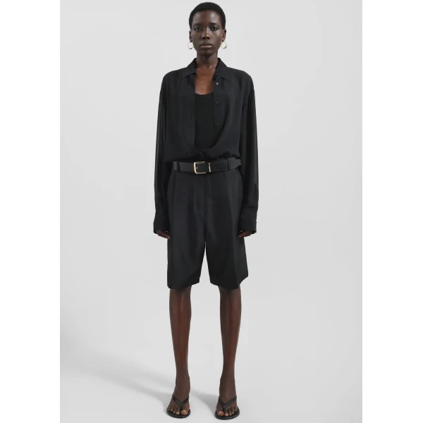 The Frankie Shop Marfa Pleated Silk Bermuda Shorts - Black - Oversized Minimalist Shorts in Black - Shop at Luxury Shoes 