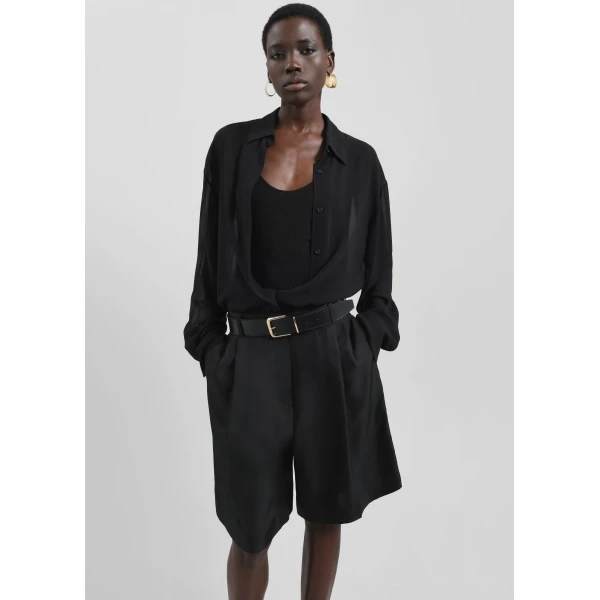 The Frankie Shop Marfa Pleated Silk Bermuda Shorts - Black - Oversized Minimalist Shorts in Black - Shop at Luxury Shoes 