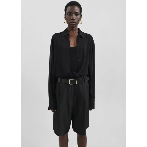The Frankie Shop Marfa Pleated Silk Bermuda Shorts - Black - Oversized Minimalist Shorts in Black - Shop at Luxury Shoes 