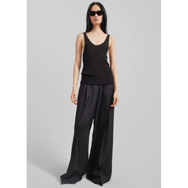 The Frankie Shop Marfa Pleated Silk Trousers - Black - Oversized Minimalist Pants in Black - Shop at Luxury Shoes 
