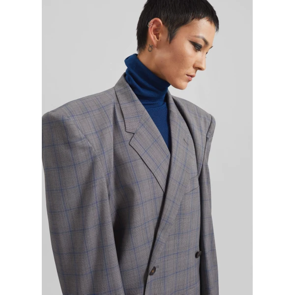 The Frankie Shop Marnay Padded Blazer - Grey Plaid - Oversized Minimalist Jackets in Grey - Shop at Luxury Shoes 