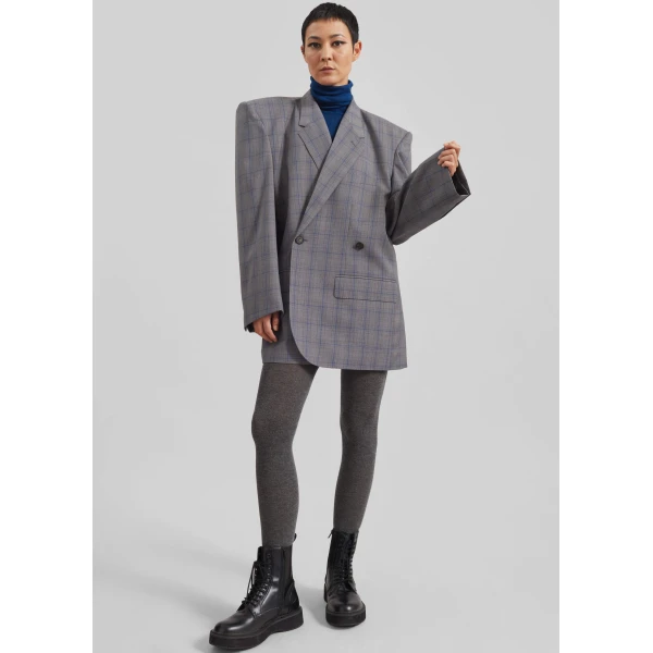 The Frankie Shop Marnay Padded Blazer - Grey Plaid - Oversized Minimalist Jackets in Grey - Shop at Luxury Shoes 