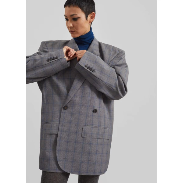 The Frankie Shop Marnay Padded Blazer - Grey Plaid - Oversized Minimalist Jackets in Grey - Shop at Luxury Shoes 