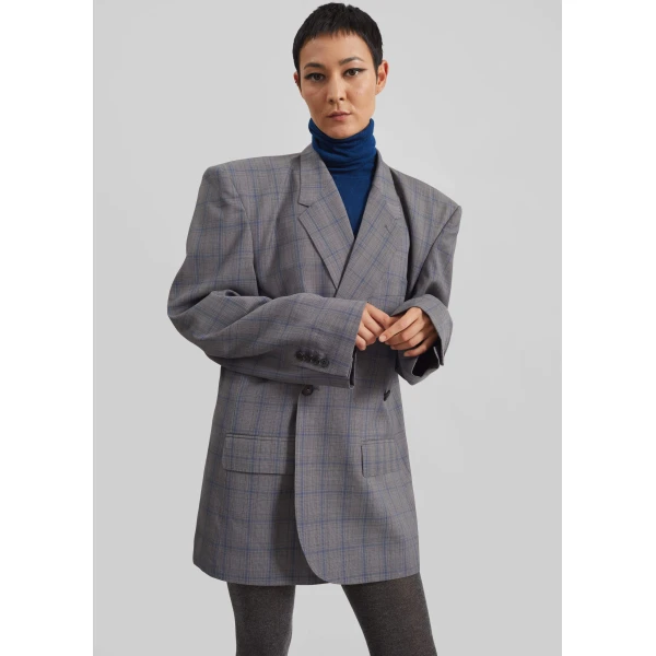 The Frankie Shop Marnay Padded Blazer - Grey Plaid - Oversized Minimalist Jackets in Grey - Shop at Luxury Shoes 