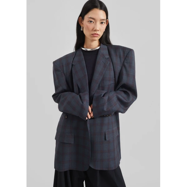 The Frankie Shop Marnay Padded Blazer - Navy Plaid - Oversized Minimalist Jackets in Blue - Shop at Luxury Shoes 