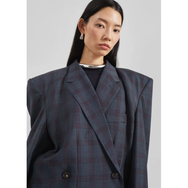 The Frankie Shop Marnay Padded Blazer - Navy Plaid - Oversized Minimalist Jackets in Blue - Shop at Luxury Shoes 