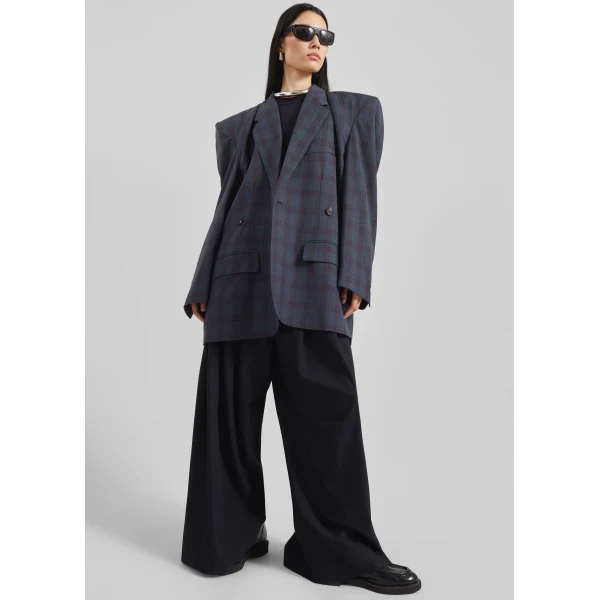 The Frankie Shop Marnay Padded Blazer - Navy Plaid - Oversized Minimalist Jackets in Blue - Shop at Luxury Shoes 