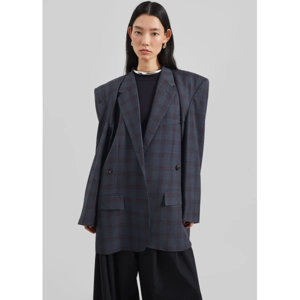 The Frankie Shop Marnay Padded Blazer - Navy Plaid - Oversized Minimalist Jackets in Blue - Shop at Luxury Shoes 