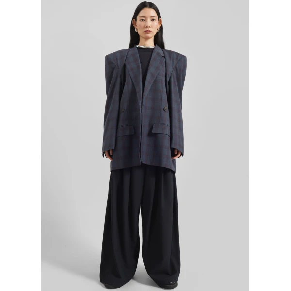 The Frankie Shop Marnay Padded Blazer - Navy Plaid - Oversized Minimalist Jackets in Blue - Shop at Luxury Shoes 