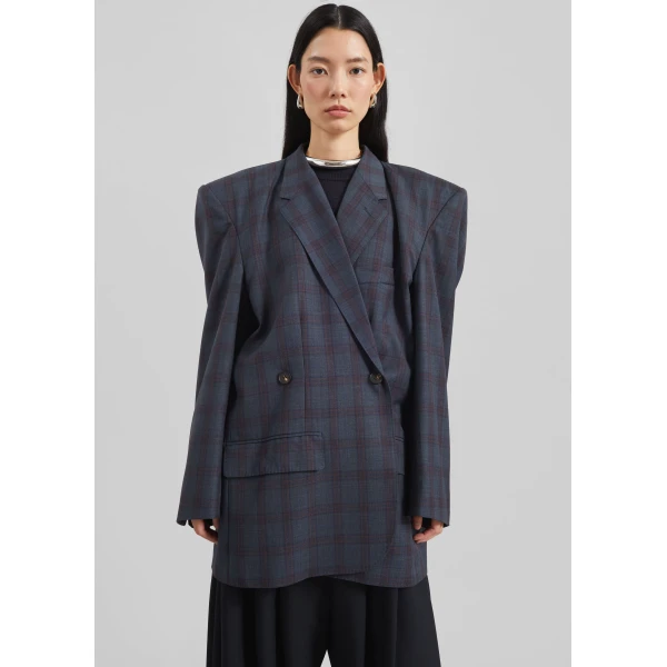 The Frankie Shop Marnay Padded Blazer - Navy Plaid - Oversized Minimalist Jackets in Blue - Shop at Luxury Shoes 