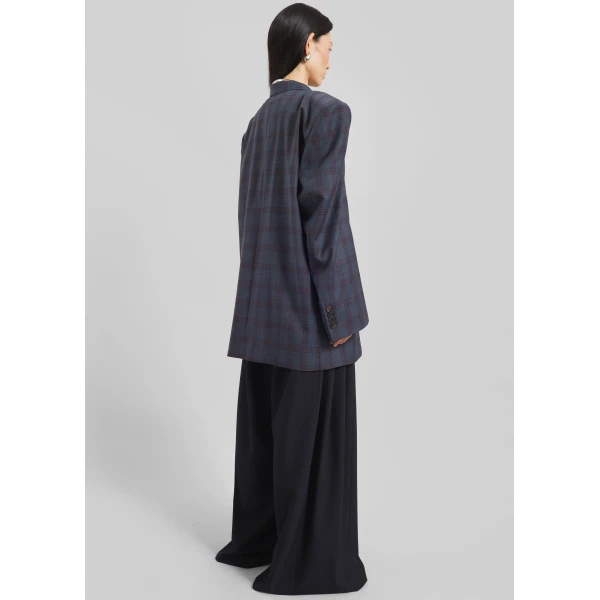 The Frankie Shop Marnay Padded Blazer - Navy Plaid - Oversized Minimalist Jackets in Blue - Shop at Luxury Shoes 