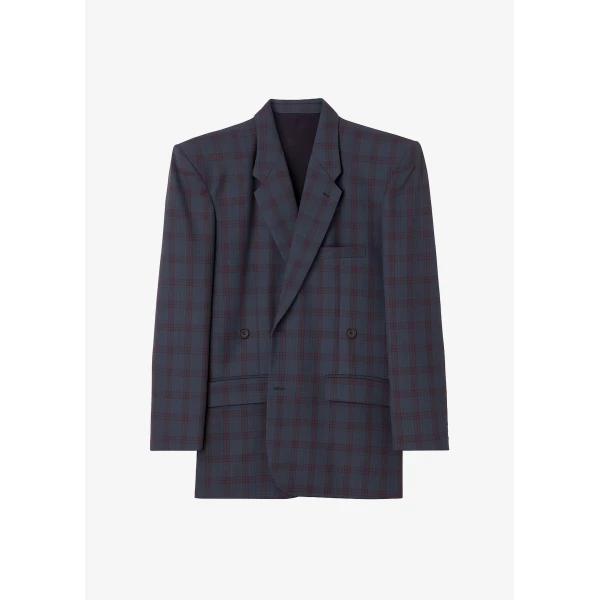 The Frankie Shop Marnay Padded Blazer - Navy Plaid - Oversized Minimalist Jackets in Blue - Shop at Luxury Shoes 