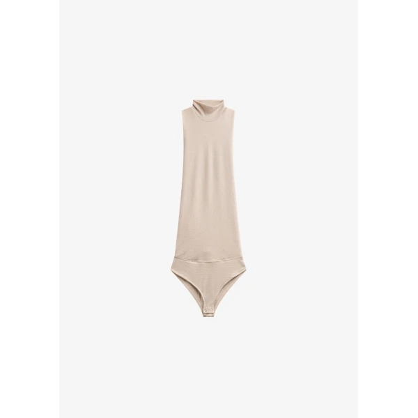 The Frankie Shop Maxen Mock Neck Bodysuit - Beige - Oversized Minimalist Bodysuit in Beige - Shop at Luxury Shoes 