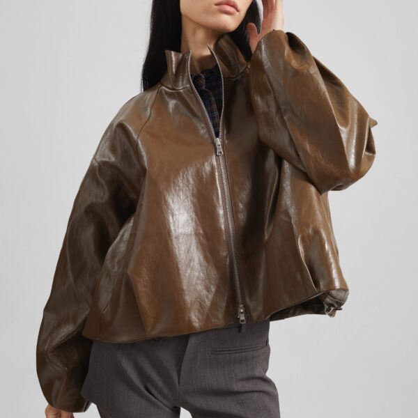The Frankie Shop Milford Faux Leather Balloon Jacket – Brown, view 5