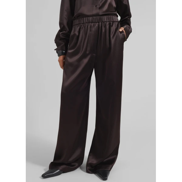 The Frankie Shop Mirca Satin Elastic Pants - Brown - Oversized Minimalist Pants in Brown - Shop at Luxury Shoes 