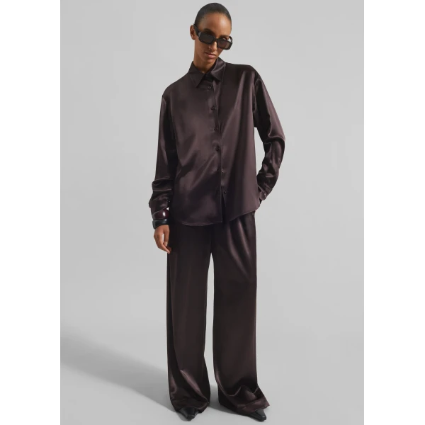 The Frankie Shop Mirca Satin Elastic Pants - Brown - Oversized Minimalist Pants in Brown - Shop at Luxury Shoes 
