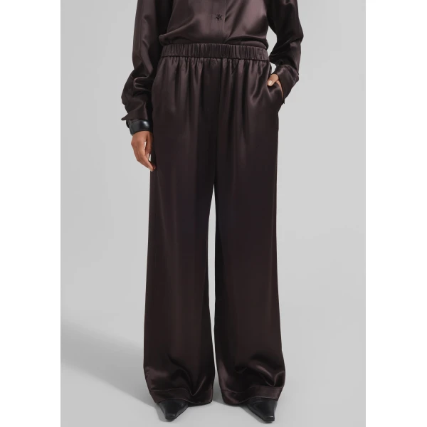 The Frankie Shop Mirca Satin Elastic Pants - Brown - Oversized Minimalist Pants in Brown - Shop at Luxury Shoes 
