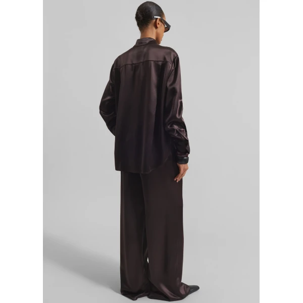 The Frankie Shop Mirca Satin Elastic Pants - Brown - Oversized Minimalist Pants in Brown - Shop at Luxury Shoes 