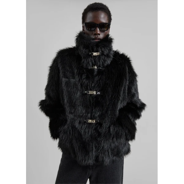 The Frankie Shop Moritz Faux Fur Buckle Jacket - Black - Oversized Minimalist Jackets in Black - Shop at Luxury Shoes 