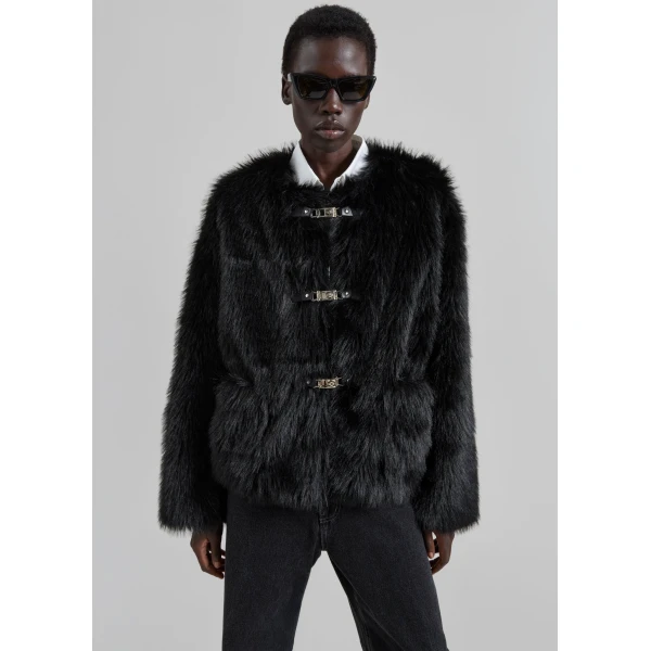 The Frankie Shop Moritz Faux Fur Buckle Jacket - Black - Oversized Minimalist Jackets in Black - Shop at Luxury Shoes 