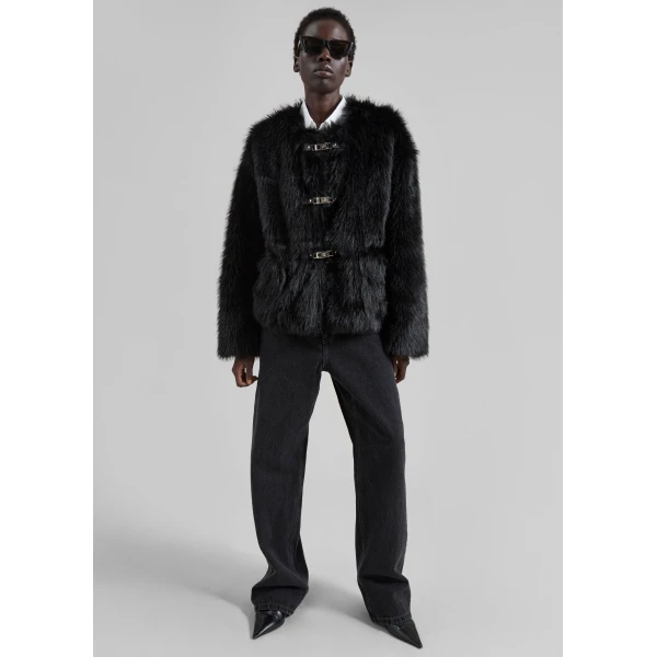 The Frankie Shop Moritz Faux Fur Buckle Jacket - Black - Oversized Minimalist Jackets in Black - Shop at Luxury Shoes 