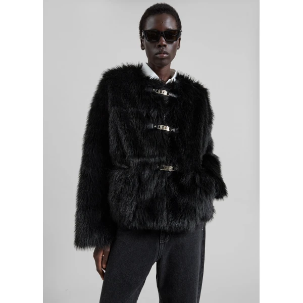 The Frankie Shop Moritz Faux Fur Buckle Jacket - Black - Oversized Minimalist Jackets in Black - Shop at Luxury Shoes 