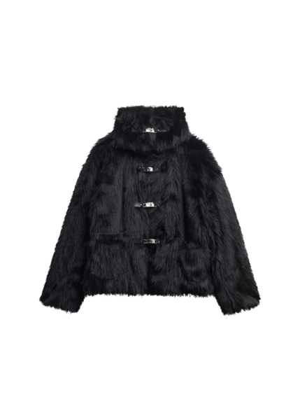 The Frankie Shop Moritz Faux Fur Buckle Jacket - Black - Oversized Minimalist Jackets in Black - Shop at Luxury Shoes 