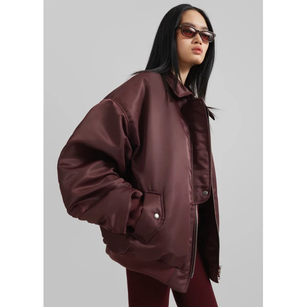 The Frankie Shop Nalden Padded Bomber Jacket - Burgundy - Oversized Minimalist Jackets in Red - Shop at Luxury Shoes 
