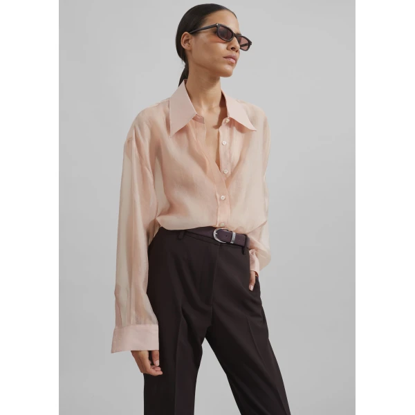 The Frankie Shop Nel Sheer Button Up Shirt - Pink - Oversized Minimalist Tops in Pink - Shop at Luxury Shoes 