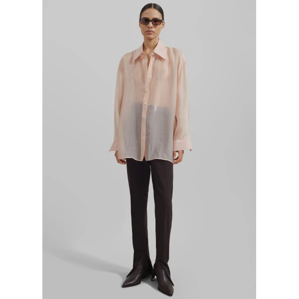The Frankie Shop Nel Sheer Button Up Shirt - Pink - Oversized Minimalist Tops in Pink - Shop at Luxury Shoes 