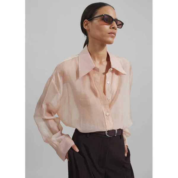 The Frankie Shop Nel Sheer Button Up Shirt - Pink - Oversized Minimalist Tops in Pink - Shop at Luxury Shoes 