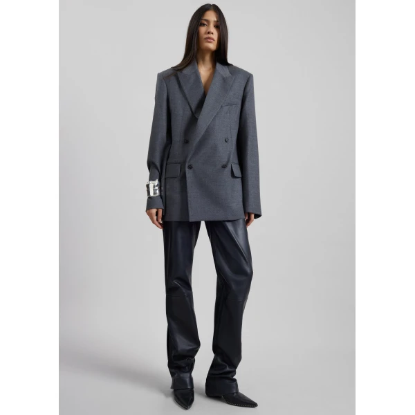 The Frankie Shop Newark Flannel Double Breasted Blazer - Grey Melange - Oversized Minimalist Jackets in Grey - Shop at Luxury Shoes 