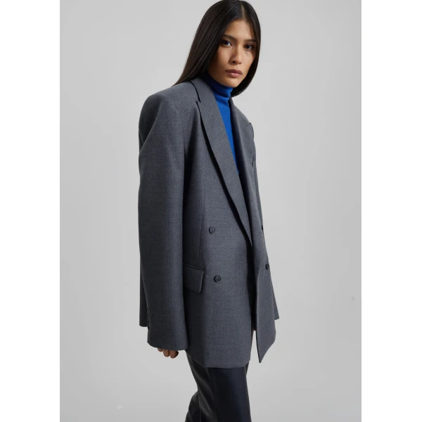 The Frankie Shop Newark Flannel Double Breasted Blazer - Grey Melange - Oversized Minimalist Jackets in Grey - Shop at Luxury Shoes 