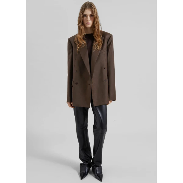 The Frankie Shop Newark Flannel Double Breasted Blazer - Mocha - Oversized Minimalist Jackets in Brown - Shop at Luxury Shoes 