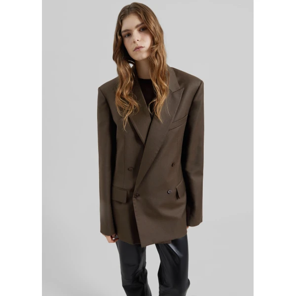 The Frankie Shop Newark Flannel Double Breasted Blazer - Mocha - Oversized Minimalist Jackets in Brown - Shop at Luxury Shoes 
