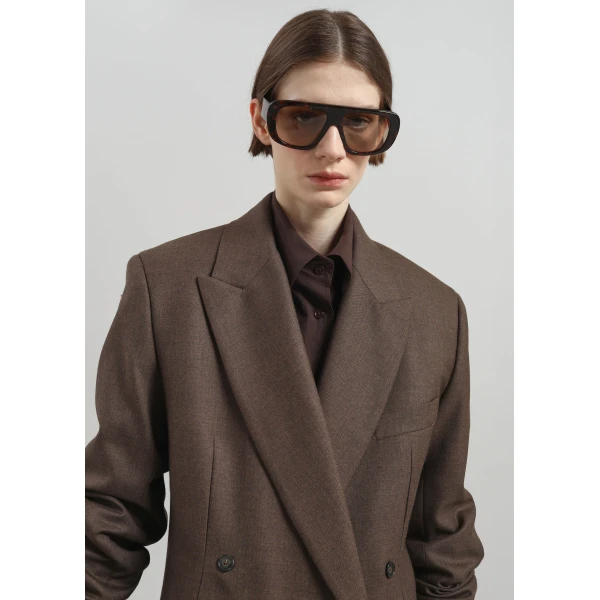 The Frankie Shop Newark Flannel Double Breasted Blazer - Mocha - Oversized Minimalist Jackets in Brown - Shop at Luxury Shoes 