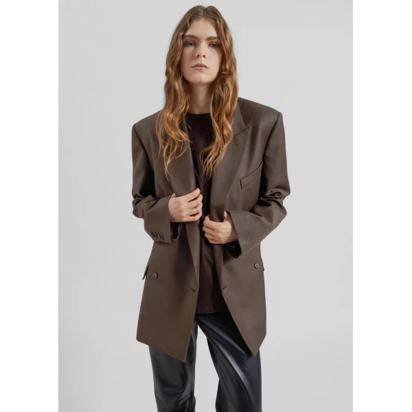 The Frankie Shop Newark Flannel Double Breasted Blazer - Mocha - Oversized Minimalist Jackets in Brown - Shop at Luxury Shoes 