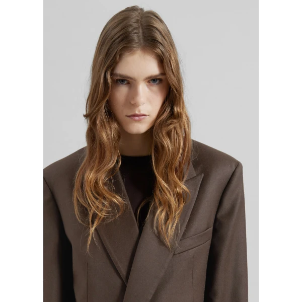 The Frankie Shop Newark Flannel Double Breasted Blazer - Mocha - Oversized Minimalist Jackets in Brown - Shop at Luxury Shoes 