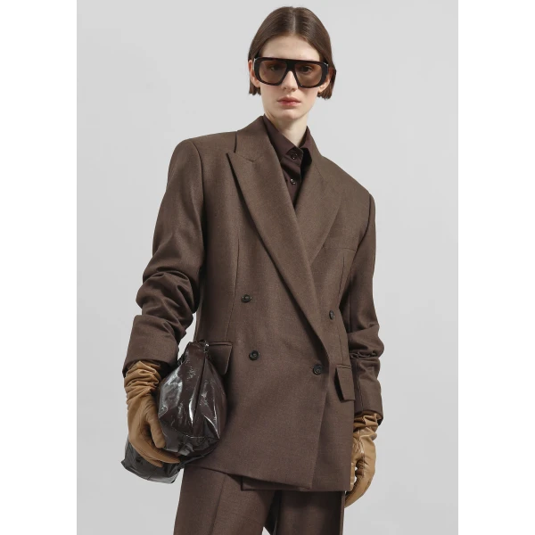 The Frankie Shop Newark Flannel Double Breasted Blazer - Mocha - Oversized Minimalist Jackets in Brown - Shop at Luxury Shoes 