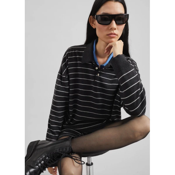 The Frankie Shop Nolma Knit Polo Sweater - Grey/White Stripe - Oversized Minimalist Tops in Grey - Shop at Luxury Shoes 