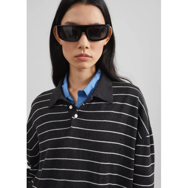 The Frankie Shop Nolma Knit Polo Sweater - Grey/White Stripe - Oversized Minimalist Tops in Grey - Shop at Luxury Shoes 