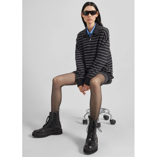The Frankie Shop Nolma Knit Polo Sweater - Grey/White Stripe - Oversized Minimalist Tops in Grey - Shop at Luxury Shoes 