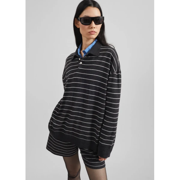 The Frankie Shop Nolma Knit Polo Sweater - Grey/White Stripe - Oversized Minimalist Tops in Grey - Shop at Luxury Shoes 