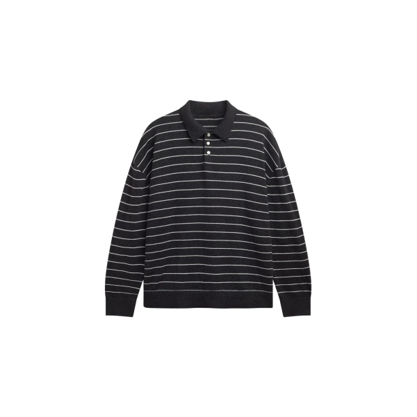 The Frankie Shop Nolma Knit Polo Sweater - Grey/White Stripe - Oversized Minimalist Tops in Grey - Shop at Luxury Shoes 