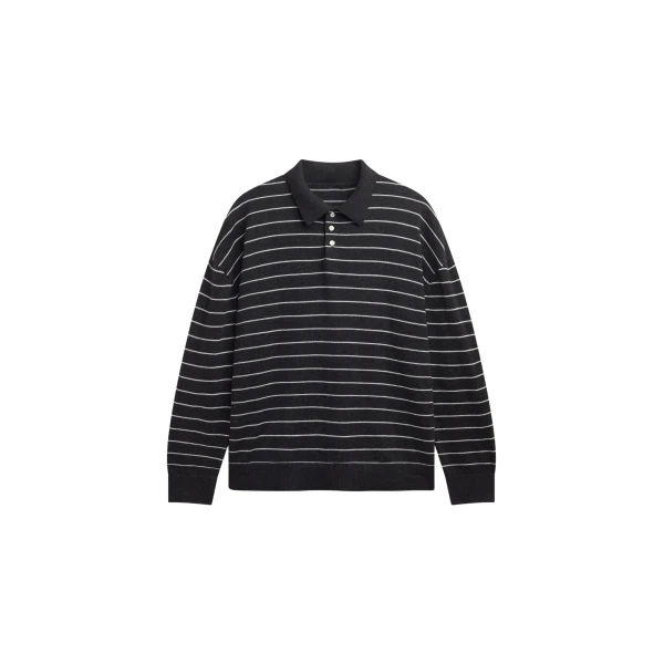 The Frankie Shop Nolma Knit Polo Sweater - Grey/White Stripe - Oversized Minimalist Tops in Grey - Shop at Luxury Shoes 